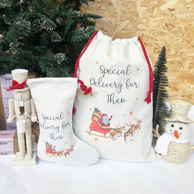 Linen Large Printed Personalised Santa Sack/ Stocking-Various