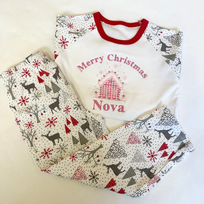 ‘Merry Christmas Personalised Embroidered Christmas Pyjamas - Pink Gingerbread House