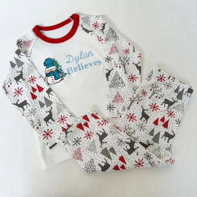 'Name Believes' Personalised Embroidered Christmas Pyjamas - Blue Snowman