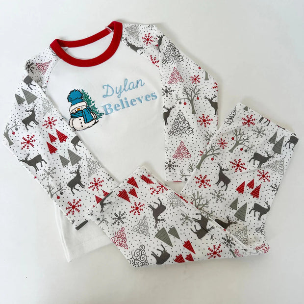 'Name Believes' Personalised Embroidered Christmas Pyjamas - Blue Snowman