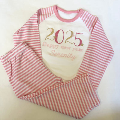 Pink/White Striped Personalised Embroidered New Years Eve Pyjamas