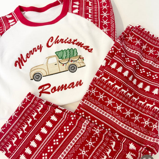 Personalised Embroidered Christmas Pyjamas - Christmas Truck