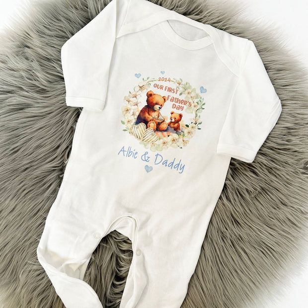 Our First Father's Day Printed Personalised Sleepsuit - Bear Picnic