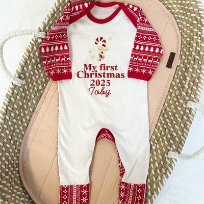 Embroidered My First Christmas Personalised Sleepsuit - Candy Cane
