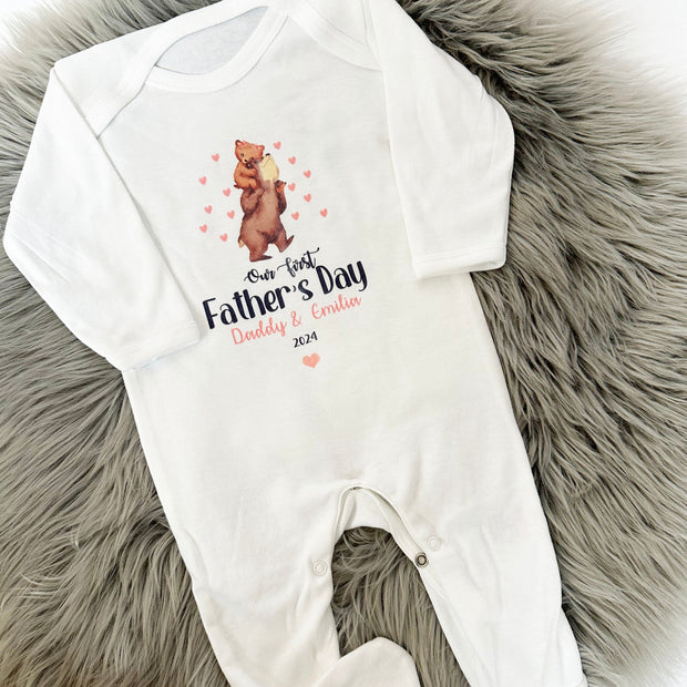 Our First Father's Day Printed Personalised Sleepsuit - Bear Hug