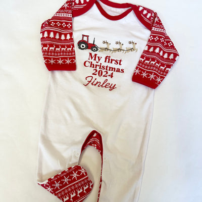 Embroidered My First Christmas Personalised Sleepsuit -  Tractor Reindeer