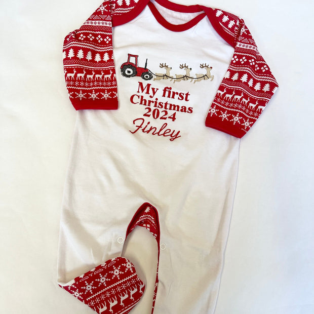 Embroidered My First Christmas Personalised Sleepsuit -  Tractor Reindeer