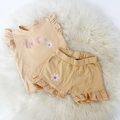 Daisy Floral Personalised Embroidered Frill Broderie Top & Shorts Set - Hazelnut