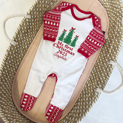 Embroidered My First Christmas Personalised Sleepsuit - Trio of Trees Bows