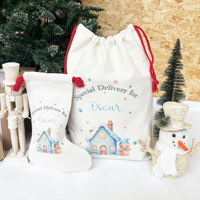 Linen Large Printed Personalised Santa Sack/Stocking -Various Designs