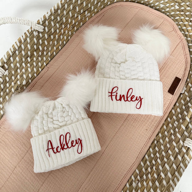 Personalised Checkered Knit Double Pom Hat - White