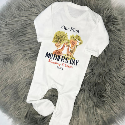 Our First Mother's Day Printed Personalised Sleepsuit - Giraffe Design