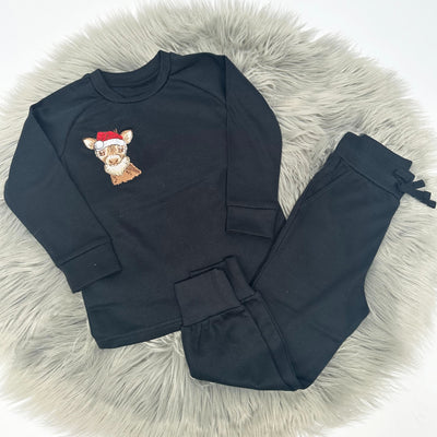 SAMPLE - Reindeer embroidered black cotton loungeset 1-2 years