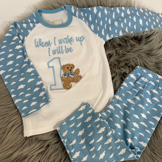 DEFECT - blue teddy 1st birthday pyjamas 1-2 years