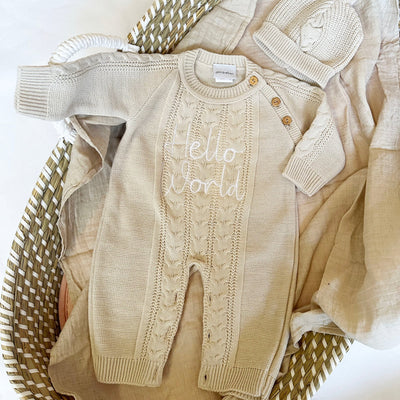 Beige or White Knitted Personalised Embroidered Romper & Hat