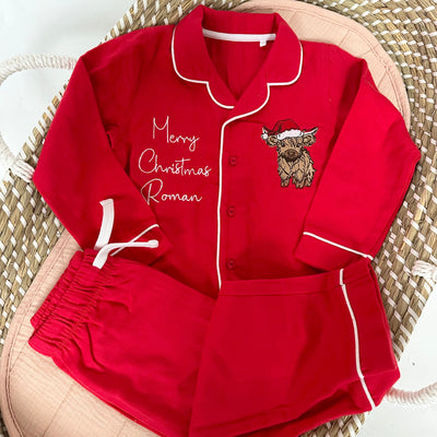 Merry Christmas Classic Long Sleeved Cotton Pyjamas - Highland Cow