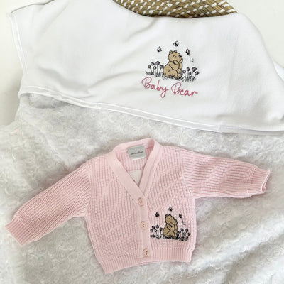 BUNDLE Personalised Embroidered Cardigan & Minky Blanket - Floral Bear