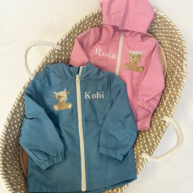 Pink or Blue Personalised Embroidered Rain Coat - Highland Cow