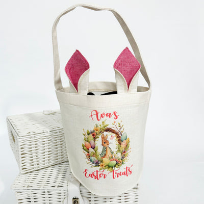 'Names Easter Treats' Personalised Printed Easter Basket & Handle with Pink Ears