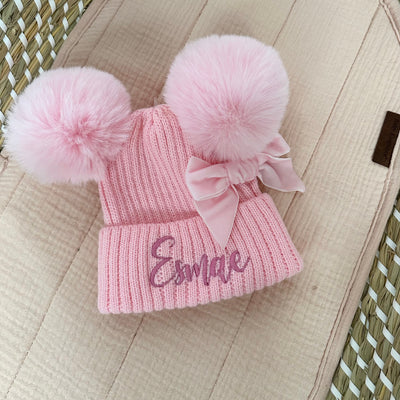 Personalised Embroidered Hat With Velvet Bow - Pink