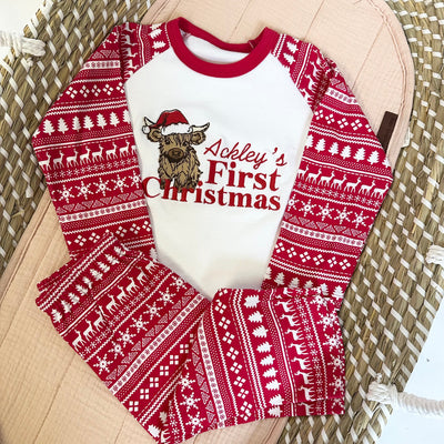 Names First Christmas Embroidered Pyjamas - Highland Cow