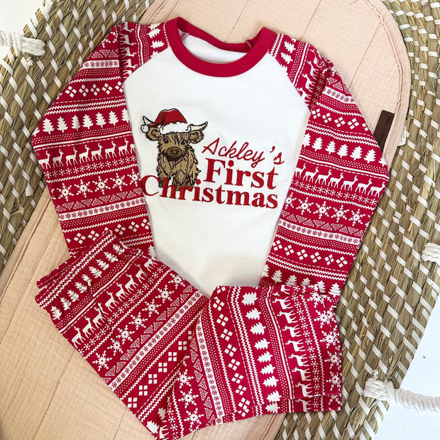 Names First Christmas Embroidered Pyjamas - Highland Cow