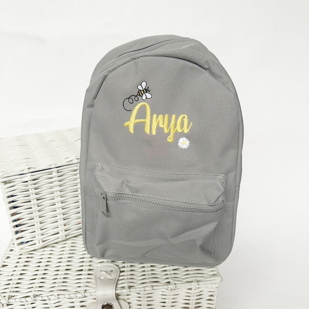 Bee & Name Embroidered Personalised Backpack - Various Colours