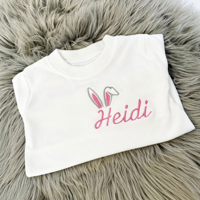 Easter Bunny Ears Writing Personalised Embroidered T-Shirt (Various Coloured T-Shirts)