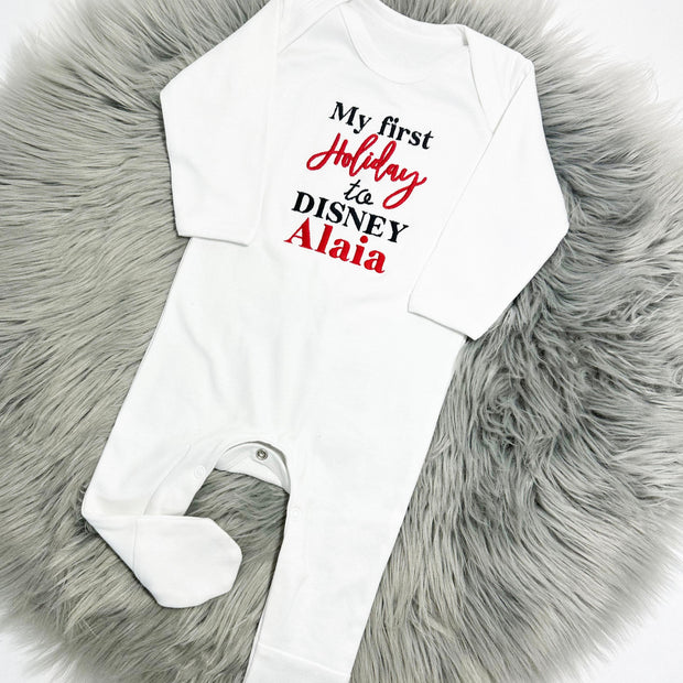 My First Holiday to Destination Embroidered Personalised Sleepsuit
