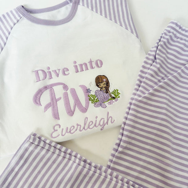 DIVE INTO FIVE Mermaid Embroidered Personalised Birthday Pyjamas