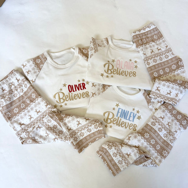 'Name Believes' Beige Personalised Embroidered Christmas Pyjamas