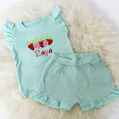 Personalised Embroidered Frill Broderie Top & Shorts Set -  Strawberry's