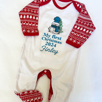 Embroidered My First Christmas Personalised Sleepsuit -Snowman