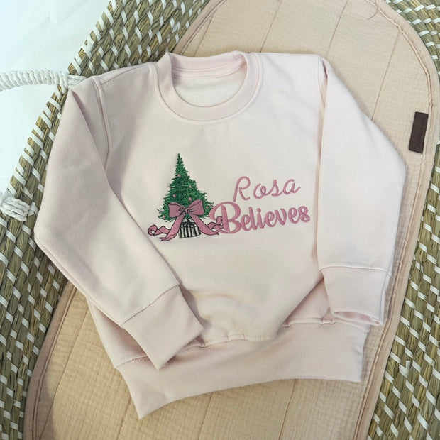 Name Belives Christmas Personalised Embroidered Jumper - Tree & Bow