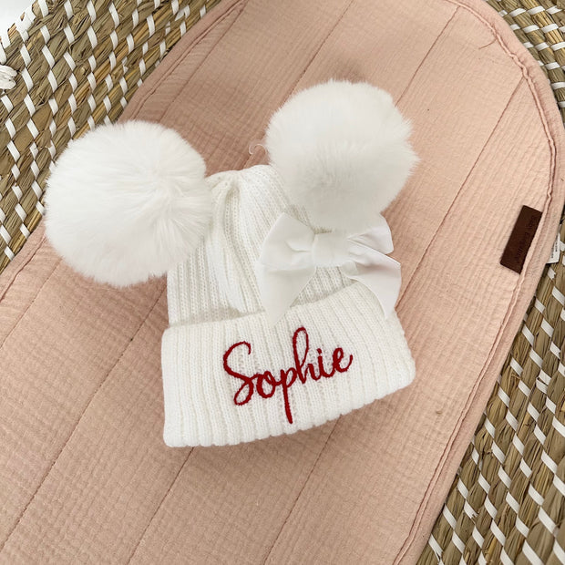 Personalised Embroidered Hat With Velvet Bow - White