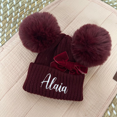 Personalised Embroidered Hat With Velvet Bow - Burgundy