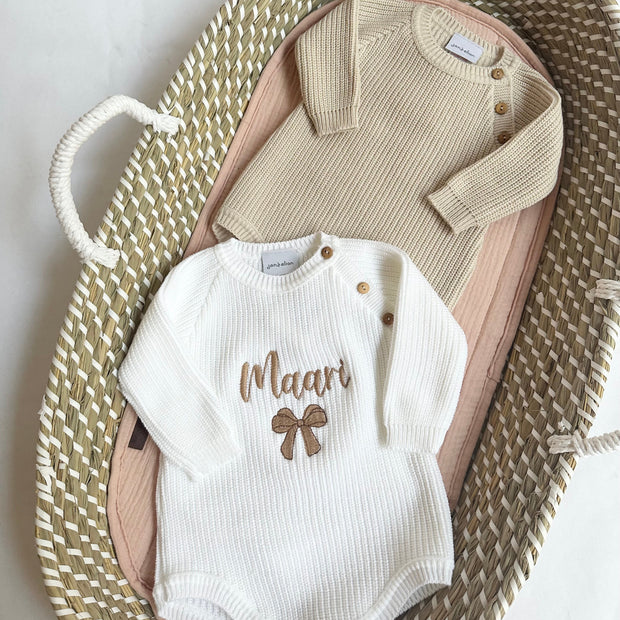 Beige or White Knitted Personalised Embroidered Romper - Bow