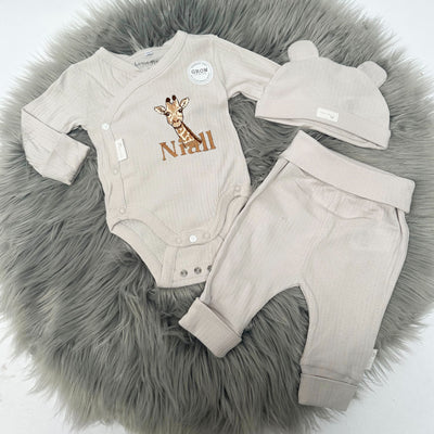 Animal Embroidered Personalised Organic 'Grow with me' Set - Beige