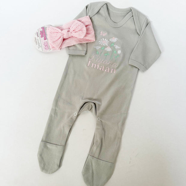 Daisy & Butterfly Embroidered Personalised Sleepsuit (headband sold separately)