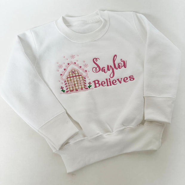 'Name Believes' Gingerbread House Personalised Embroidered Jumper