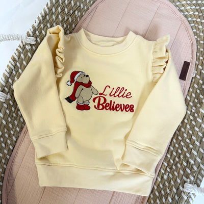 Bear Christmas Personalised Embroidered Frill Sleeve Jumper (Size Up Recommended)