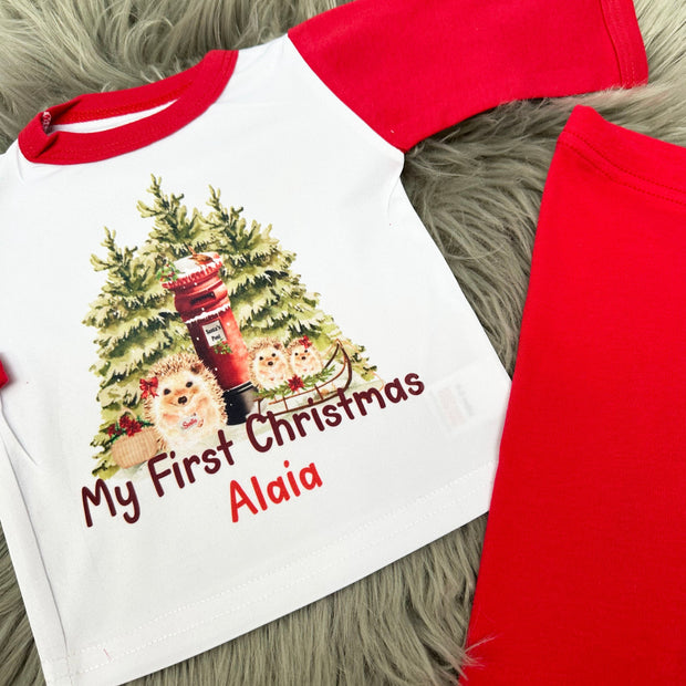 Red & White Printed Christmas Pyjamas - Hedgehog