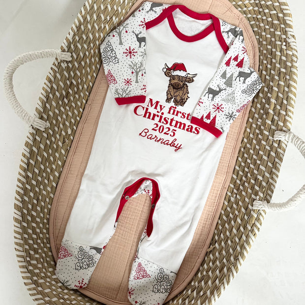 Embroidered My First Christmas Personalised Sleepsuit - Highland Cow