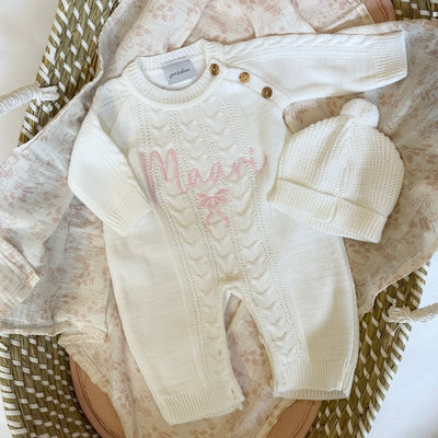 White or Beige Knitted Personalised Embroidered Romper & Hat - Name & Bow