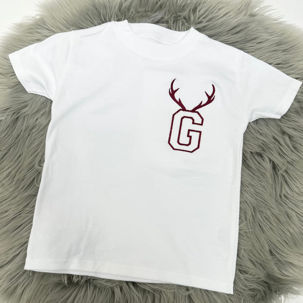 Christmas Personalised Embroidered T-Shirt - Reindeer Antlers & Initial