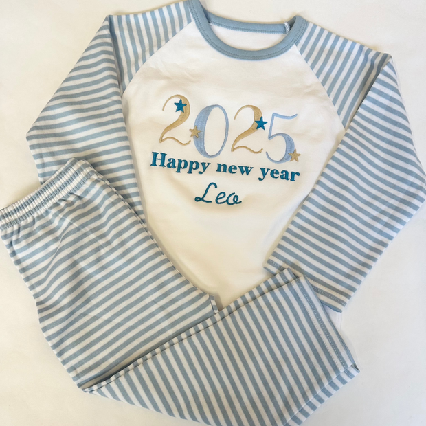 Blue/White Striped Personalised Embroidered New Years Eve Pyjamas