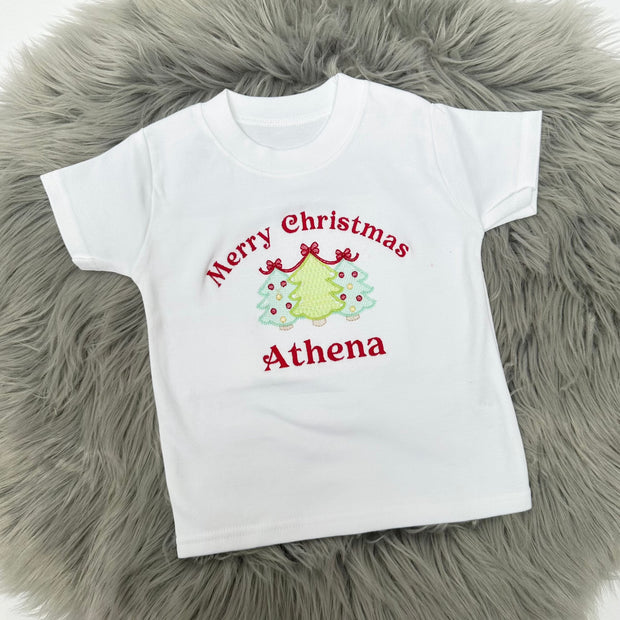 Christmas Personalised Embroidered T-Shirt - Merry Christmas & Trees