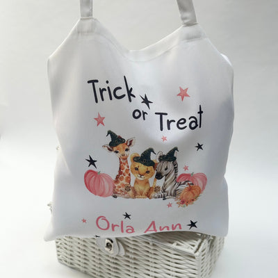 Trick or Treat Halloween Printed Tote Bag - Pink Pumpkins & Animals