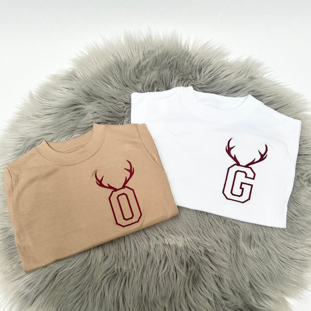 Christmas Personalised Embroidered T-Shirt - Reindeer Antlers & Initial