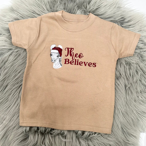 Christmas Personalised Embroidered T-Shirt - 'Name Believes'